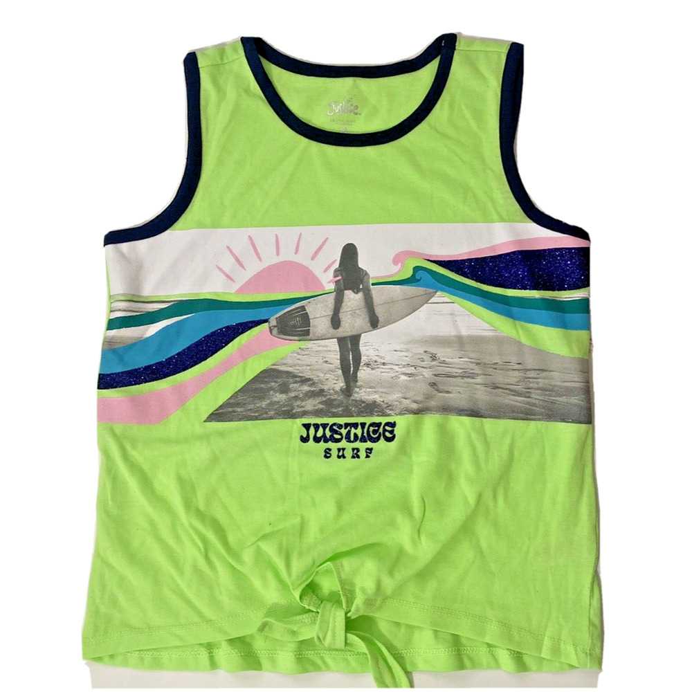 Justice Girls Surf Beach Green Sparkle Tank Top Tie Glitter Multicolor Size M 10